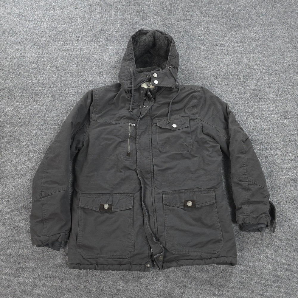 Wenven Coat Mens Large Gray Fleece Lined Hooded Canvas Parka Work Chore Outdoors